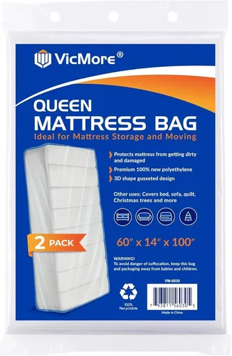 Miniatura 13 de VICMORE Paquete de 2 bolsas de colchón de tamaño matrimonial para mudanza, almacenamiento y eliminación, bolsas de plástico transparente de 0.06