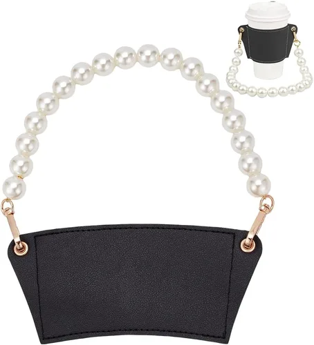 WADORN Funda reutilizable de piel sintética con asa de perla, soporte portátil para taza de café con cadena extraíble para taza de bebidas Negro