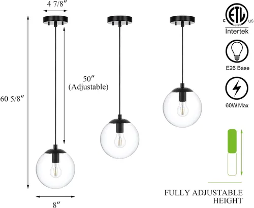 Miniatura 6 de XiNBEi Lighting - Lámpara colgante de globo de 8 pulgadas con latón satinado de vidrio transparente Mid Century Modern, Adjustable, Round Hanging