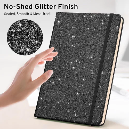 Miniatura 3 de Cuaderno negro con purpurina, 8.4 x 5.7 pulgadas, 200 páginas rayadas, diario brillante sin desprendimiento para niñas y mujeres, diario de tapa