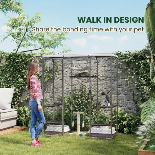 Miniatura 6 de PawHut Catio - Caja grande para gatos al aire libre, patio para gatos de acero galvanizado para múltiples gatitos, jaula para gatos al aire libre