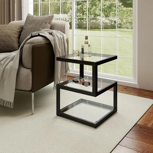 Miniatura 2 de Mesa auxiliar de vidrio Permory, mesa lateral de 3 niveles con tira de LED, mesa de diseño único en forma de S para sala de estar y dormitorio