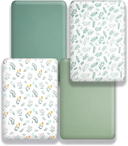 Miniatura 4 de Paquete de 4 sábanas bajeras de color verde salvia, transpirables, neutrales, unisex, para niños o niñas, con diseño de hojas y flores, sábana