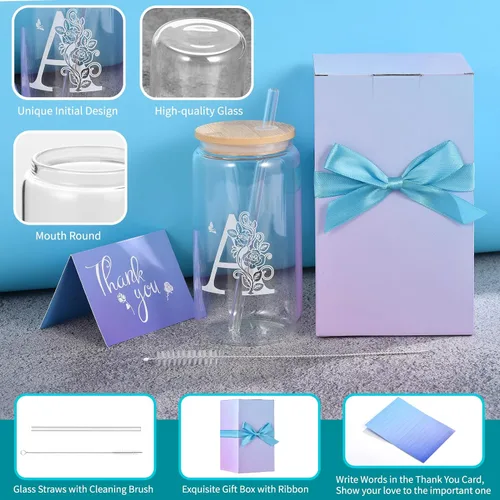 Miniatura 2 de Vasos de vidrio con iniciales con tapas y pajitas, regalos con monograma para mujeres, vaso de vidrio de cerveza de 16 onzas, taza de café helado