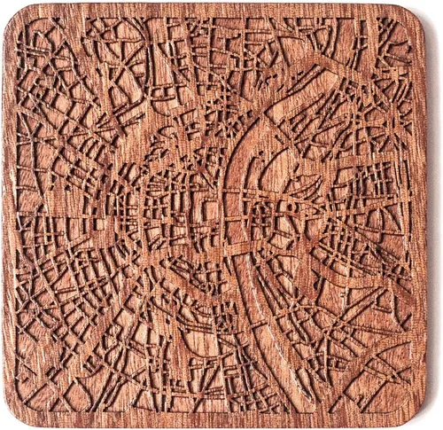 Miniatura 49 de Posavasos Amsterdam Map by O3 Design Studio, 1 pieza, posavasos de madera Sapele con mapa de la ciudad, hecho a mano, varias ciudades opcionales