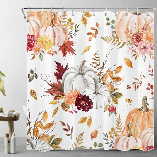Cortina de ducha de otoño para baño, cortina de ducha floral de calabaza rosa y naranja con hojas de arce sobre blanco con ganchos, cortinas de baño