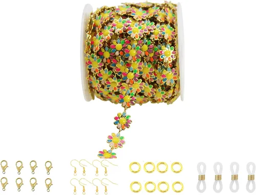 Miniatura 14 de Cadena de eslabones de girasol esmaltada hecha a mano con fornituras de latón chapado en oro para hacer joyas, máscara de vidrio, zapatos, Cc02