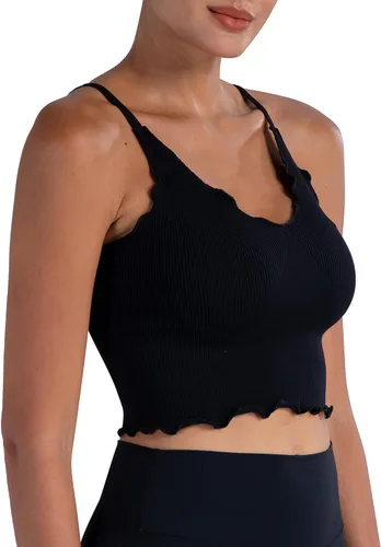 Miniatura 2 de Sunzel Womens Seamless Tank Tops V Neck Ribbed Cropped Tops with Ruffles and Adjustable Straps for Workout Yoga