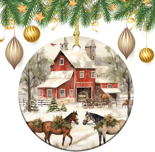 Miniatura 2 de Adorno navideño de caballos de granja, regalo para amantes de los caballos, de porcelana de doble cara, adorno de 3 pulgadas para árbol de Navidad