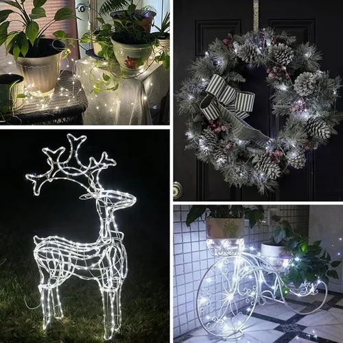 Miniatura 8 de QITONG Guirnalda de luces solares impermeables para exteriores, paquete de 2 unidades de 200 luces LED blancas de Navidad de 66 pies, cable Blanco