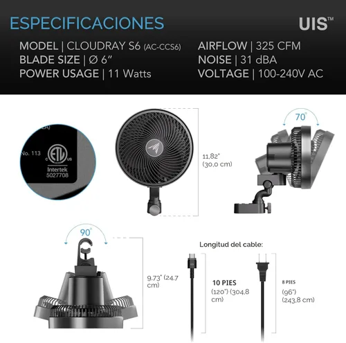 Miniatura 7 de AC Infinity CLOUDRAY S6, ventilador de clip para tienda de cultivo de 6 pulgadas con motor EC de larga duración rediseñado, 10 velocidades de viento