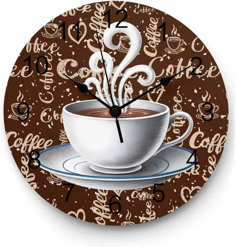 Wall Clock Coffee Cup Clocks PVC Silent Non-Ticking Battery Operated Decorative Retro Brown Cafe Round Clock for Home Living Room Kitchen Bedroom
