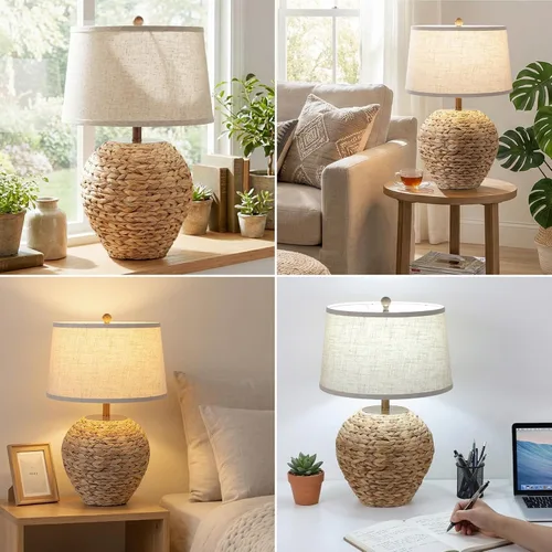 Miniatura 8 de TOBUSA Lámpara de mesa de ratán de 25 pulgadas para sala de estar, lámpara de mimbre bohemia costera con 3 temperaturas de color, lámpara de cesta