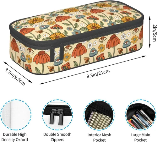 Miniatura 5 de Estuche organizador retro hippie de los años 70 con diseño de hongos florales de gran capacidad, papelería con cremallera, suministros escolares