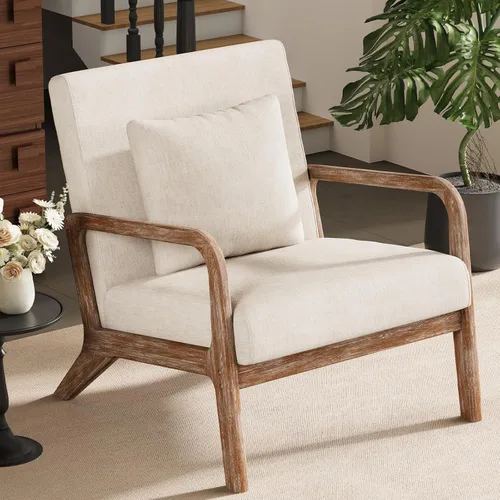 Miniatura 13 de ELUCHANG Silla decorativa moderna de mediados de siglo con almohada lumbar, sillón tapizado, tela de lino, cómoda silla auxiliar de lectura