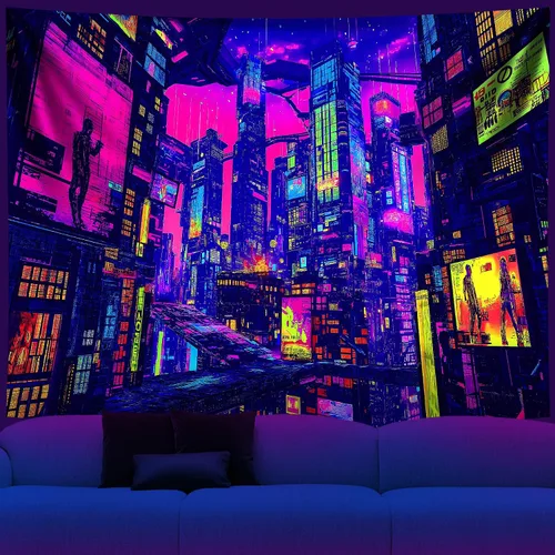 Miniatura 10 de NYZE Tapiz de luz negra de ciudad, tapiz de anime japonés, juego punk, fantasía, vista nocturna, paisaje urbano, arte futurista, neón, tapices