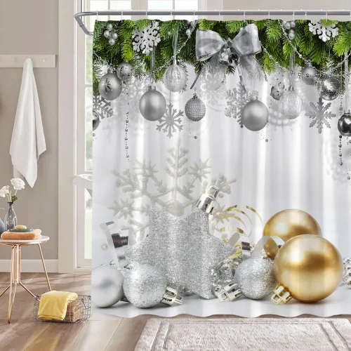 Miniatura 2 de Cortina de ducha de Navidad, bola dorada y plateada, copo de nieve, festival de vacaciones de invierno, feliz año nuevo, tela decorativa de Navidad