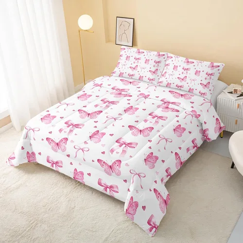 Miniatura 3 de QOOMO Juego de edredón de 3 piezas con diseño de mariposa de dibujos animados, tamaño individual, bonito juego de ropa de cama con lazo