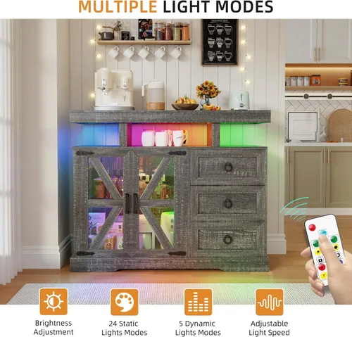 Miniatura 5 de Gurexl Buffet de granja con almacenamiento, aparador LED de 40 pulgadas de ancho con estación de carga inalámbrica, barra de café RGB con sensor
