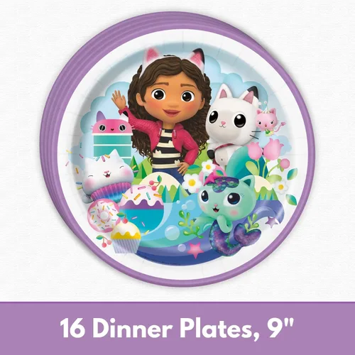 Miniatura 3 de Gabby - Decoraciones de fiesta de casa de muñecas – 16 platos, servilletas, cubierta de mesa, tenedores, calcomanías, decoraciones de cumpleaños