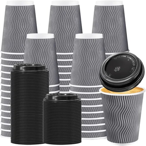 Miniatura 10 de BYSNOW Paquete de 100 tazas de café de 8 onzas con tapas, tazas de café aisladas desechables para llevar, tazas de café de papel onduladas