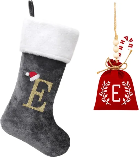 Miniatura 149 de Calcetines de Navidad bordados de 20 pulgadas con monograma, terciopelo negro con puño de felpa blanca supersuave, adornos clásicos para decoración