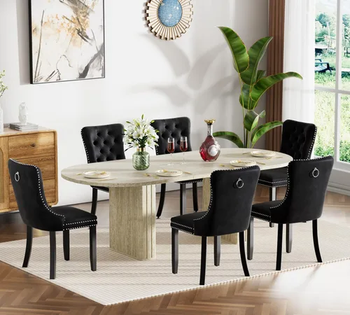 Miniatura 17 de Juego de 4 mesas de comedor extensibles, mesa de comedor ovalada negra y 4 sillas de comedor de terciopelo negro con patas de madera, juego de mesa