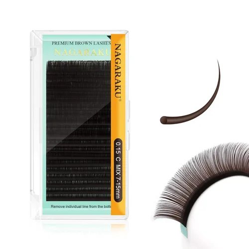 Miniatura 14 de NAGARAKU Extensiones de pestañas de color marrón oscuro 0.003 in, rizo B, 0.276-0.591 in, bandeja mixta, pestañas individuales, volumen de visón