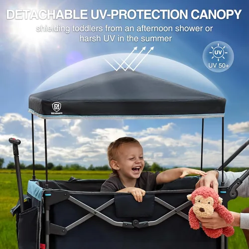 Miniatura 6 de EVER ADVANCED Vagón ultracompacto para 2 niños, vagón cochecito plegable de viaje de empujar y tirar con toldo desmontable, asas y arneses Negro