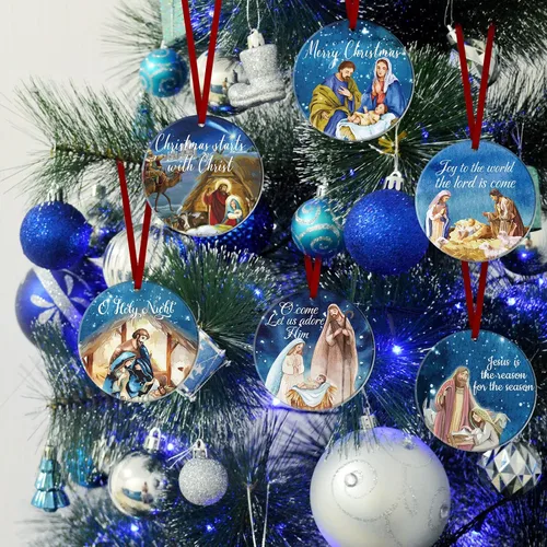 Miniatura 5 de Karenhi 6 piezas de adornos navideños de escena del nacimiento de Jesús, regalos religiosos, adorno navideño colgante de cerámica, escena