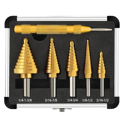 COMOWARE Juego de brocas escalonadas, 5 piezas, revestimiento de titanio con punzón central automático, longitud corta, cuchillas de corte doble,