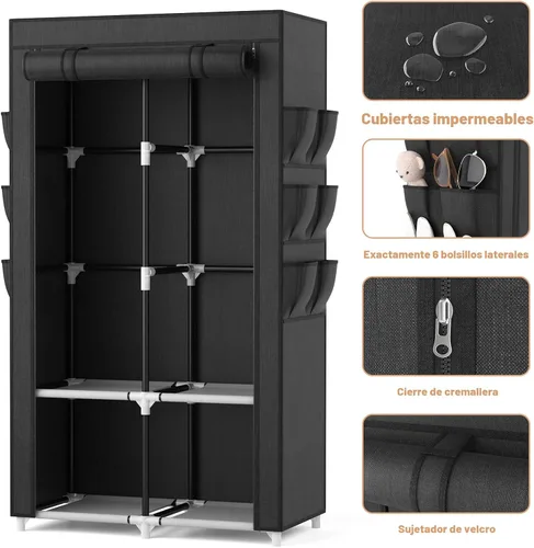 Miniatura 4 de VTRIN Armario portátil para colgar ropa con 4 estantes de almacenamiento, 2 varillas para colgar y 6 bolsillos, estante de ropa estable y de fácil