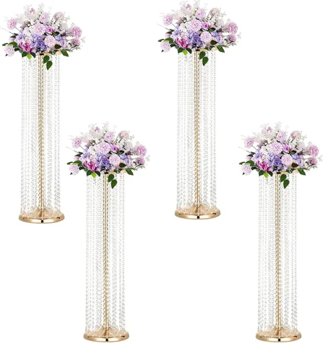 Miniatura 9 de Soporte de flores de 27.5 pulgadas para centros de mesa de boda, jarrón alto de metal con cristal acrílico, 4 jarrones dorados para centros de mesa