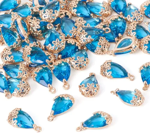 Miniatura 14 de Cheriswelry 48 colgantes de diamantes de imitación de resina en forma de lágrima con ajustes de latón dorado con diamantes de imitación facetados