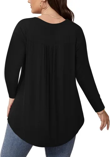 Miniatura 3 de BISHUIGE Blusas plisadas de manga corta con cuello en V para mujer, talla grande, estilo Henley, con botones