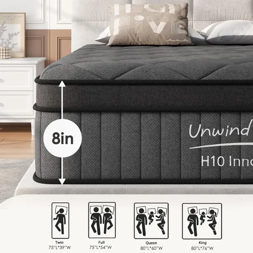 Miniatura 3 de Colchón tamaño Queen de 8 pulgadas, colchón con espuma viscoelástica de gel y resortes en bolsillos, Euro Top de firmeza media, color negro