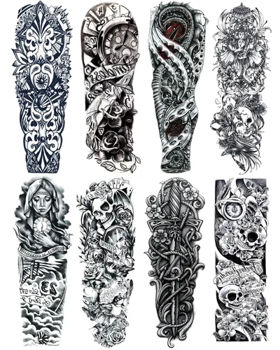 Tatuajes temporales de flor de tótem negro y calavera - 8 hojas de tatuajes realistas de manga para hombres y mujeres, tatuaje falso grande para el