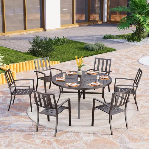 Miniatura 7 de PHI VILLA Juego de 2 sillas apilables de hierro forjado para patio, sillas de metal portátiles negras para exteriores, soporta 300 libras, ideal