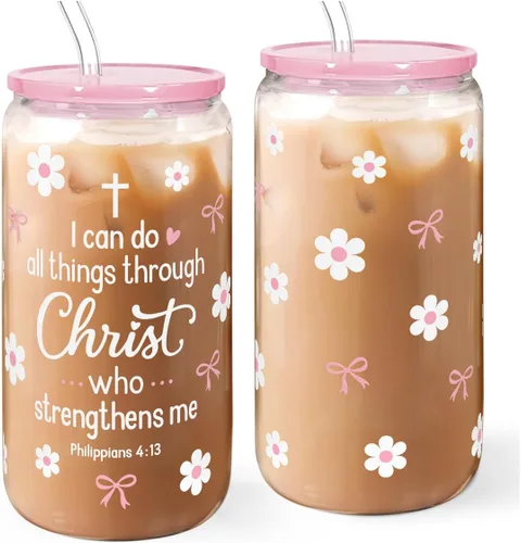Miniatura 19 de SANDJEST Vaso de Vidrio con Margaritas en Patrón de Tablero de Ajedrez, Taza Floral a Cuadros con Tapa y Pajita, Tazas Estéticas de Café Helado