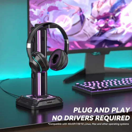 Miniatura 2 de KDD RGB Headset Stand with 9 Light Modes - Controller Holder for Desk - Rotatable Headphone Stand & Detachable Controller Hook for PC Earphone