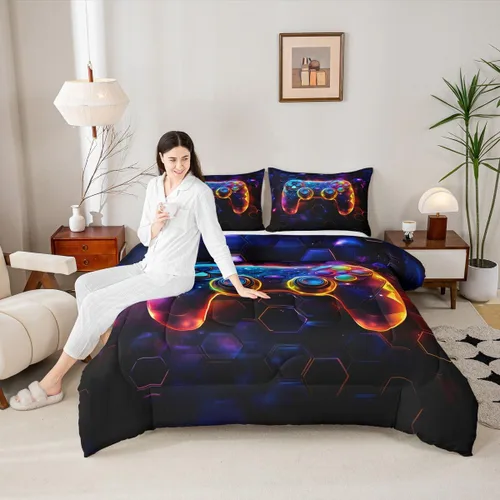 Miniatura 29 de Manfei Juego de edredón moderno de 2 piezas con estampado de consola de videojuegos de panal azul con 1 funda de almohada, juego de ropa de cama