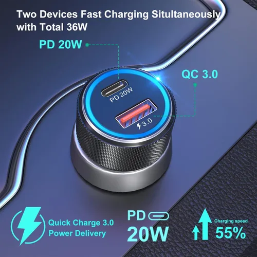 Miniatura 2 de Cargador de coche USB C, paquete de 5, 36 W, doble puerto PD&QC 3.0, carga rápida, 12 V, cargador de coche, adaptador de encendedor de cigarrillos