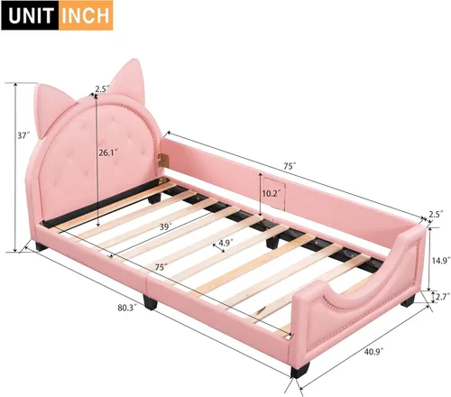 Miniatura 2 de Sofá cama con cabecero, cámaras en forma de conejo, base de cama de madera con plataforma individual para niñas y niños, bonito sofá cama tapizado