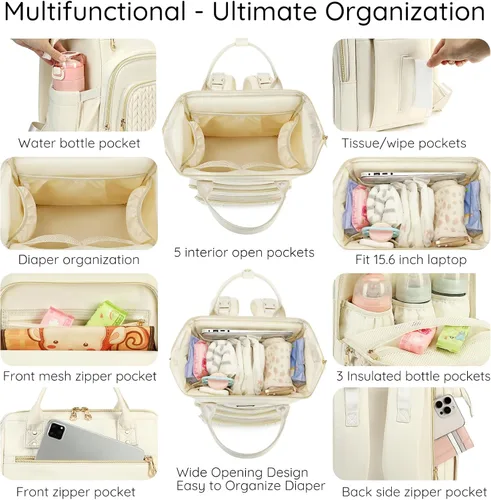 Miniatura 2 de AIJIEKE Bolsa de pañales, mochila grande para pañales de bebé de gran apertura, bolsa de viaje multifuncional para bebé, bolsa de pañales con Beige