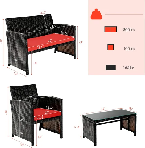Miniatura 4 de Tangkula Juego de muebles de ratán de 4 piezas, juego de conversación al aire libre con silla, sofá biplaza y mesa de centro de vidrio templado, Rojo