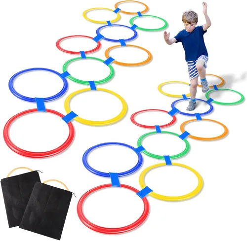 Miniatura 8 de Woanger 2 Juegos de Cuadrados de Rayuela al Aire Libre 20 Piezas Juego de Anillos de Rayuela con 30 Conectores Carrera de Obstáculos