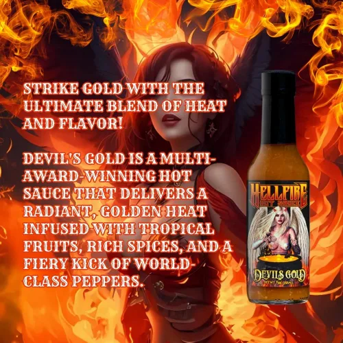 Miniatura 2 de Salsa picante Hellfire Devil's Gold, galardonada con múltiples premios, salsa picante gourmet a base de frutas, cuenta con pimientos amarillos súper