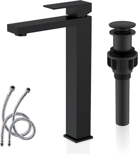KENES Grifo de Baño Negro Mate de Una Sola Manija Grifo Alto para Lavabo Tipo Vasija Grifo de Baño de Tocador Mezclador de Lavabo con Manguera de