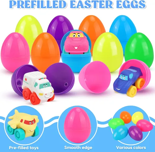 Miniatura 3 de Huevos de Pascua precargados con autos de juguete: 12 huevos de Pascua rellenos con juguetes de goma suave, rellenos de cesta de Pascua para bebés