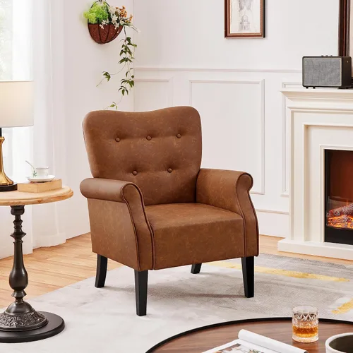 Miniatura 8 de Yaheetech - Sillón moderno, silla decorativa de cuero sintético PU estilo mediados del siglo XX con patas de madera resistentes y respaldo alto